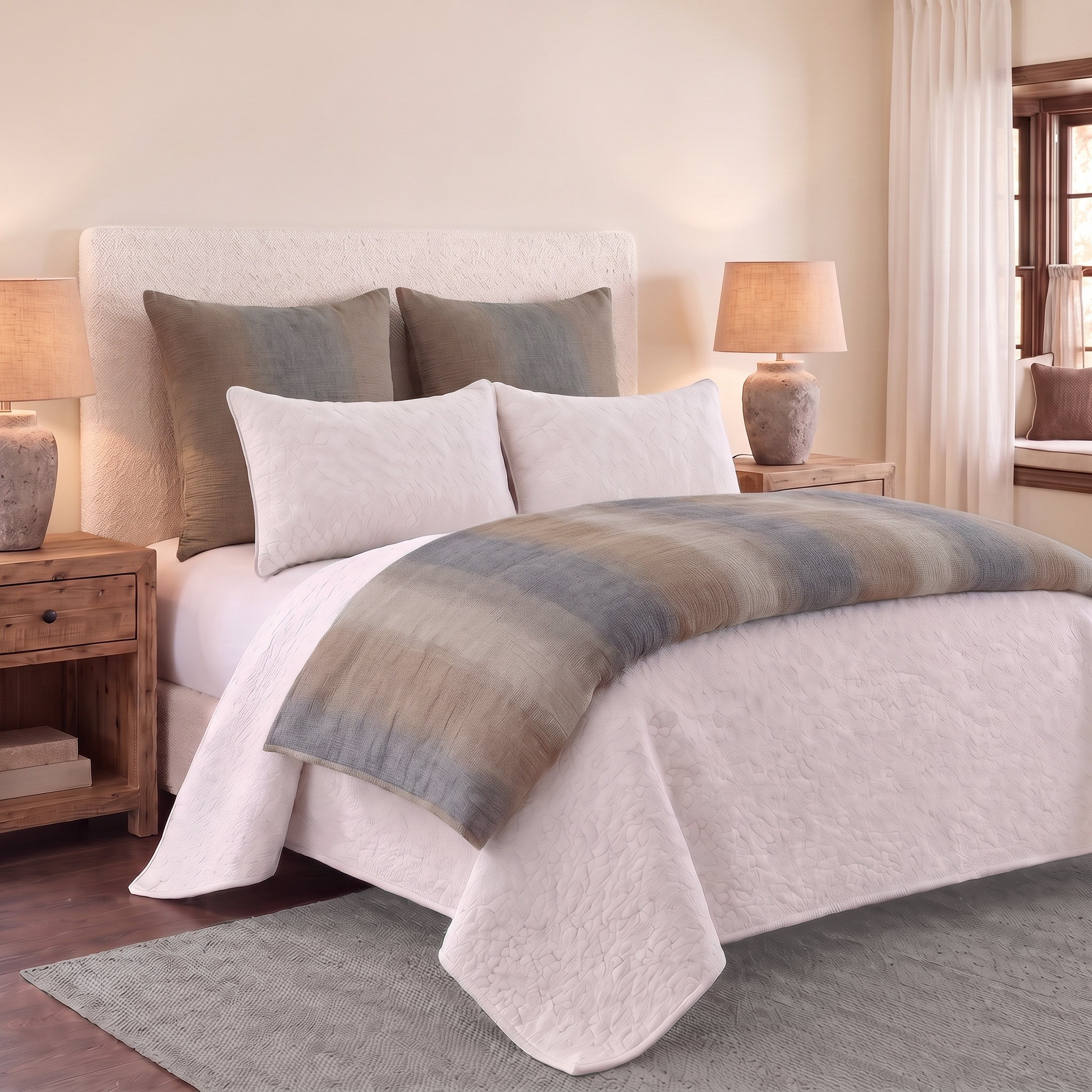 15485lmal12 12 | Amity Home Hotel style bedroom with a white quilted bed gray pillows wooden nightstands and warm table lamps on each side Soft light filters through sheer window curtains to the right