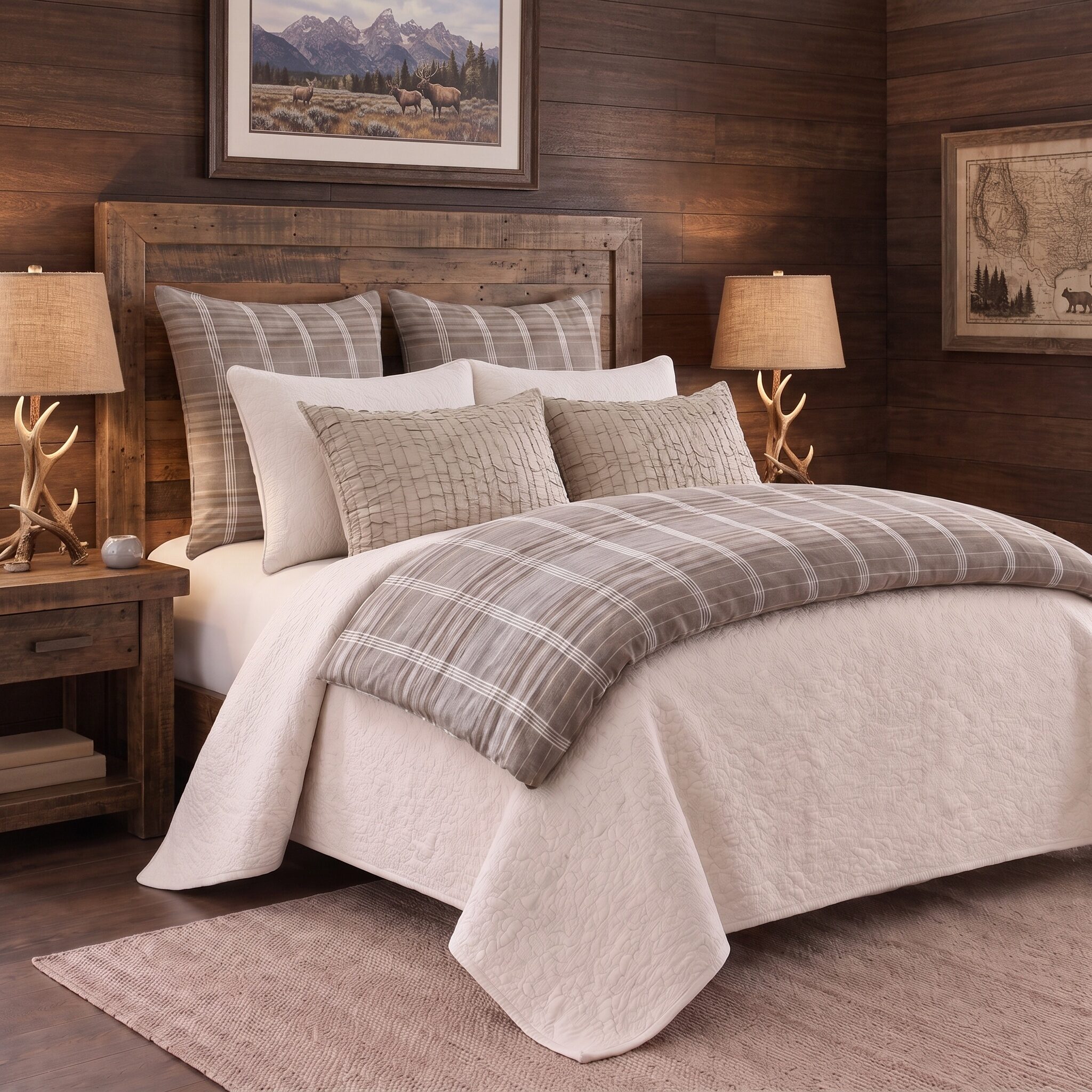 Barber Bed Pouf | Amity Home Rustic bedroom with a wooden headboard striped pillows and antler lamps on beside tables against wood paneled walls framed landscape art above the bed
