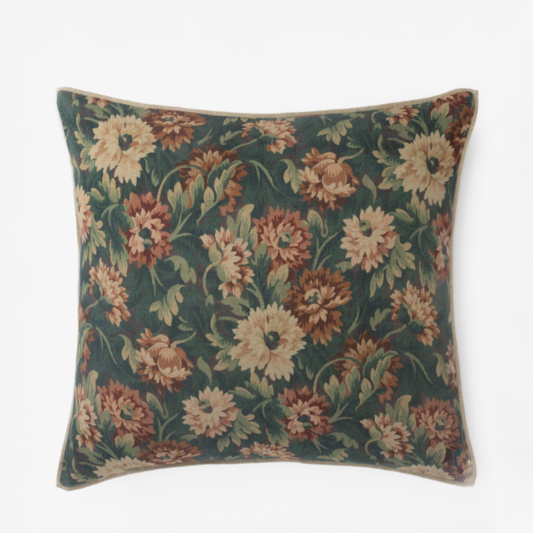 Decorative throw pillow with a dark green beige brown floral damask pattern and beige edging