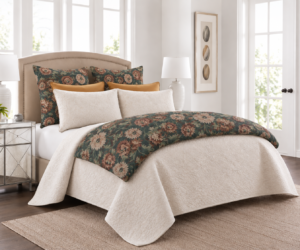 Cream upholstered bed with a dark teal floral quilt and matching cushions in a bright airy bedroom