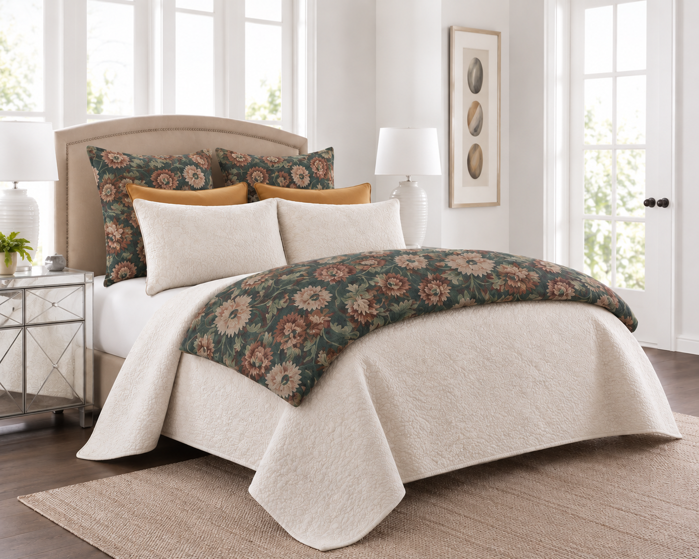 Eversly Bed Pouf | Amity Home Cream upholstered bed with a dark teal floral quilt and matching cushions in a bright airy bedroom