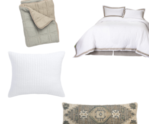 Collage of home textiles white quilted pillow and comforter with beige trim plus a beige quilted oven mitt and a patterned tapestry cushion