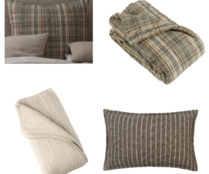 Assorted neutral tone throw pillows with plaid and striped patterns shown on a white background