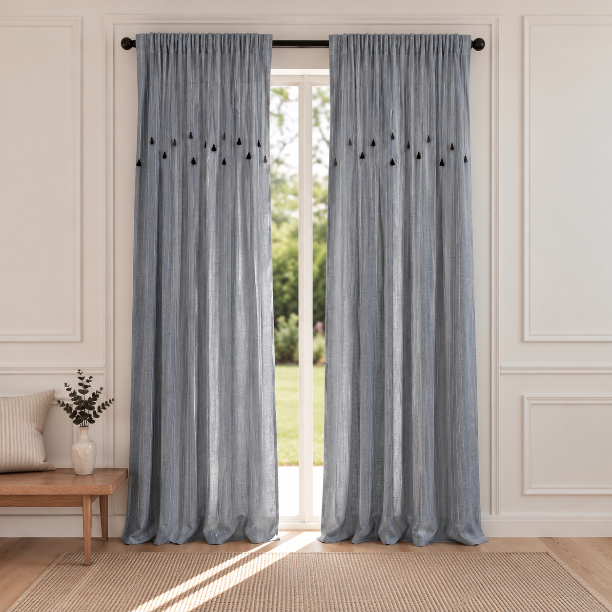 Bluegray Tassel Curtains Framing a Garden View | Amity Home