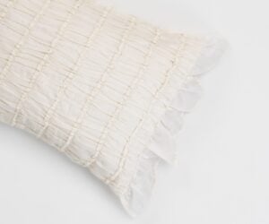 Amity home ruched lumbar pillow in ivory   scalloped edge detail