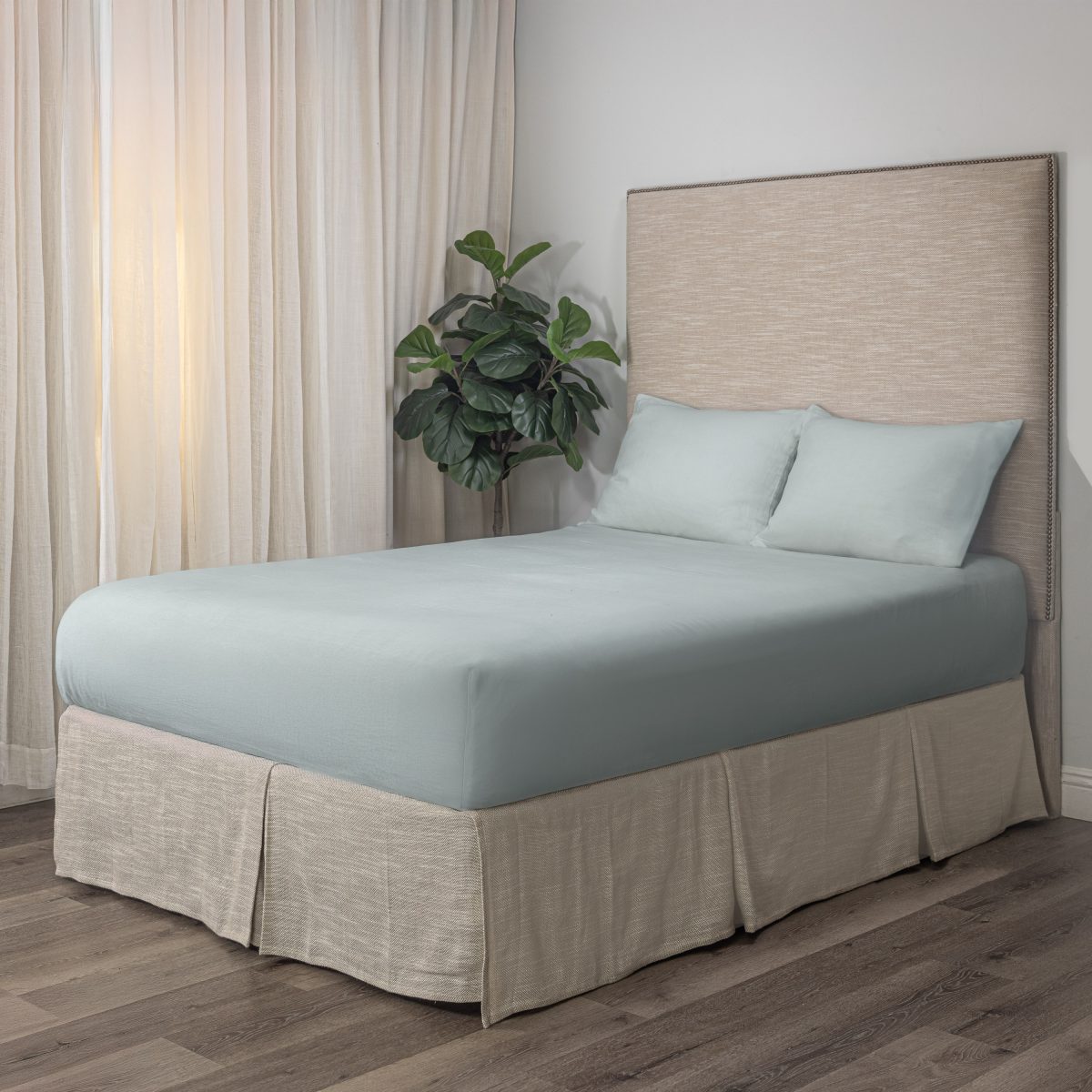 Amity home box spring cover in sea glass   pleated bed skirt