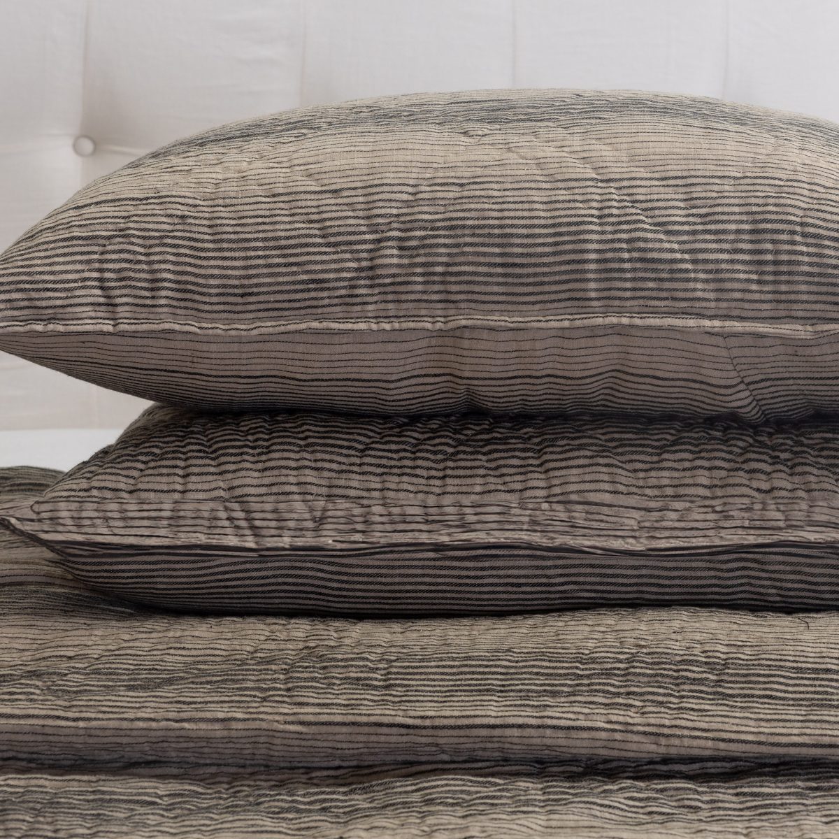 Amity home hugh quilt set in natural with charcoal stripes   crinkled quilted texture