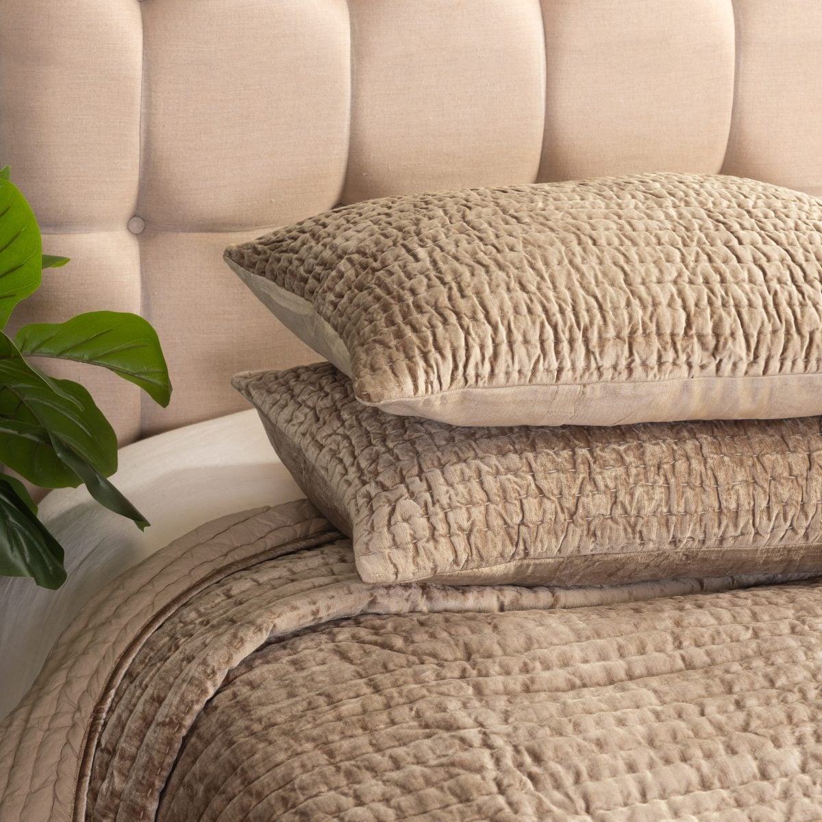 Amity home baldwin quilt in caramel   ruched velvet texture