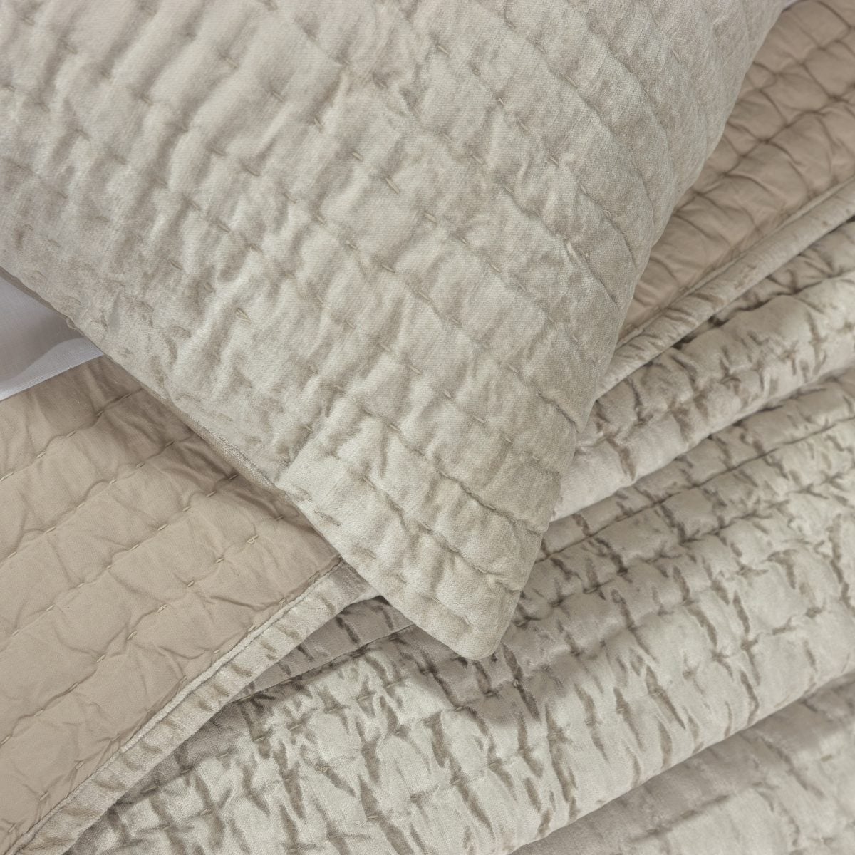 Amity home baldwin quilt in oyster   hand stitched diamond quilted velvet