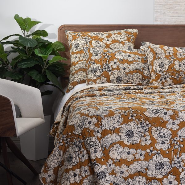 Amity Home Tinsley Quilt in Ochre - Hand-stitched Floral Pattern