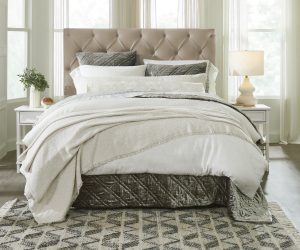 Amity home lowe  andrea collection in neutral   tufted headboard  quilted bedding