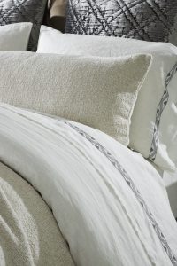 Amity home treva sheet set in stone   white linen with grey patterned trim