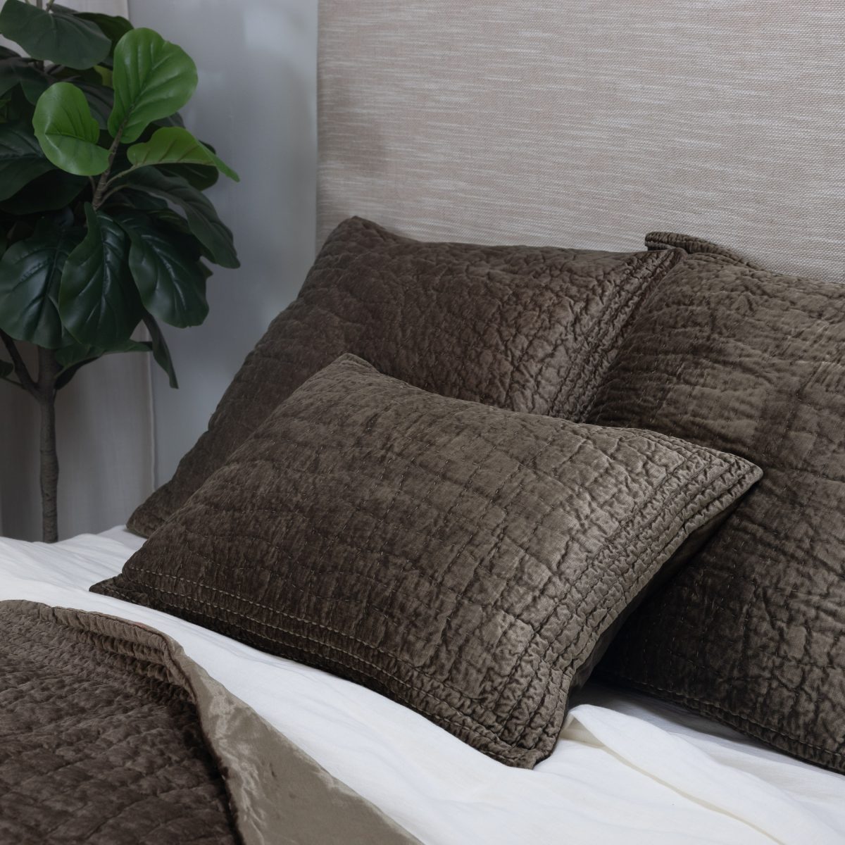 Amity home aurora quilt in tobacco   diamond quilted velvet texture