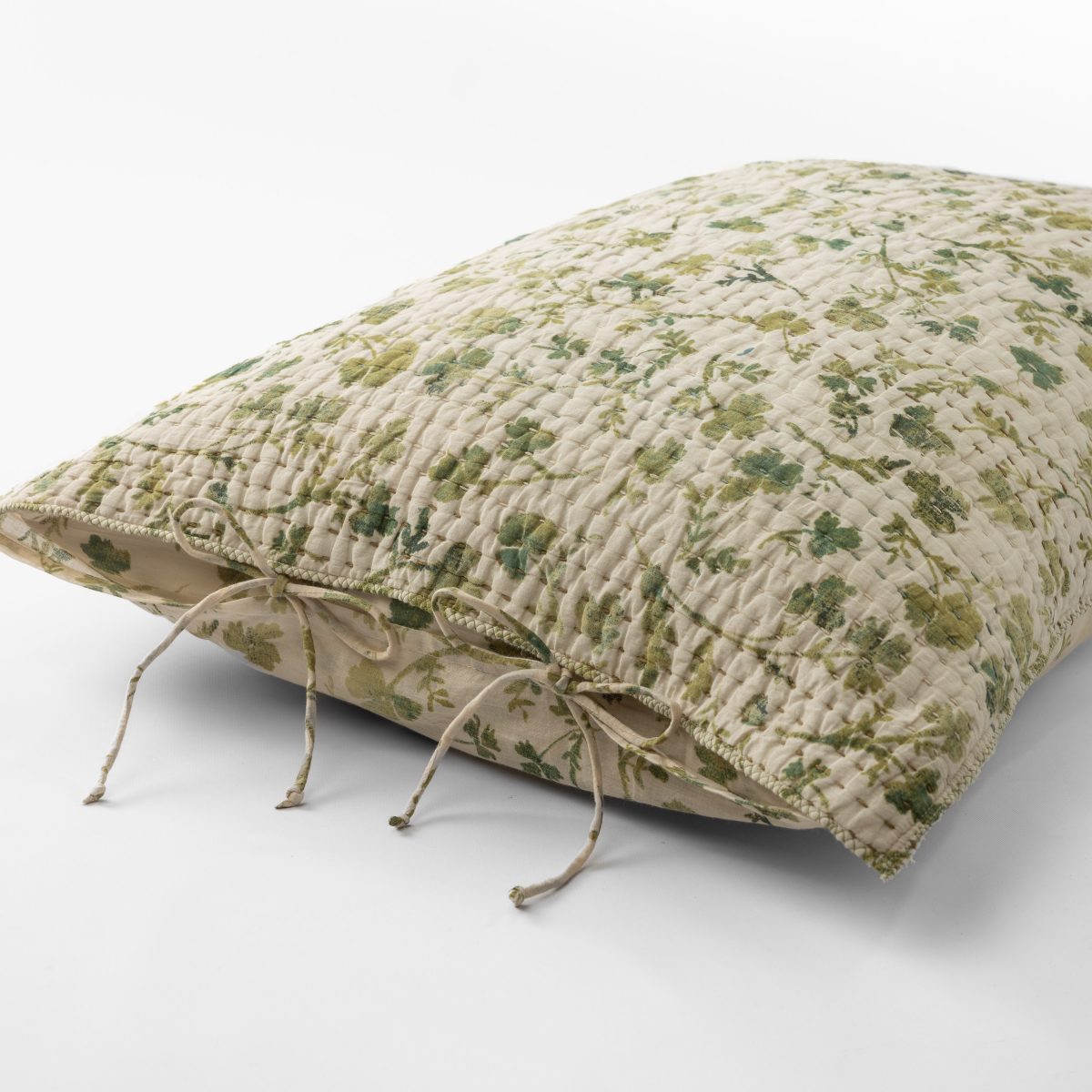 Amity home millie quilt in green floral print   hand quilted texture