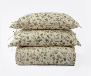 Amity home millie quilt in natural with green botanical print   hand stitched