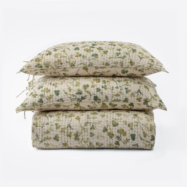 Amity Home Millie Quilt in Natural with Green Botanical Print - Hand-stitched
