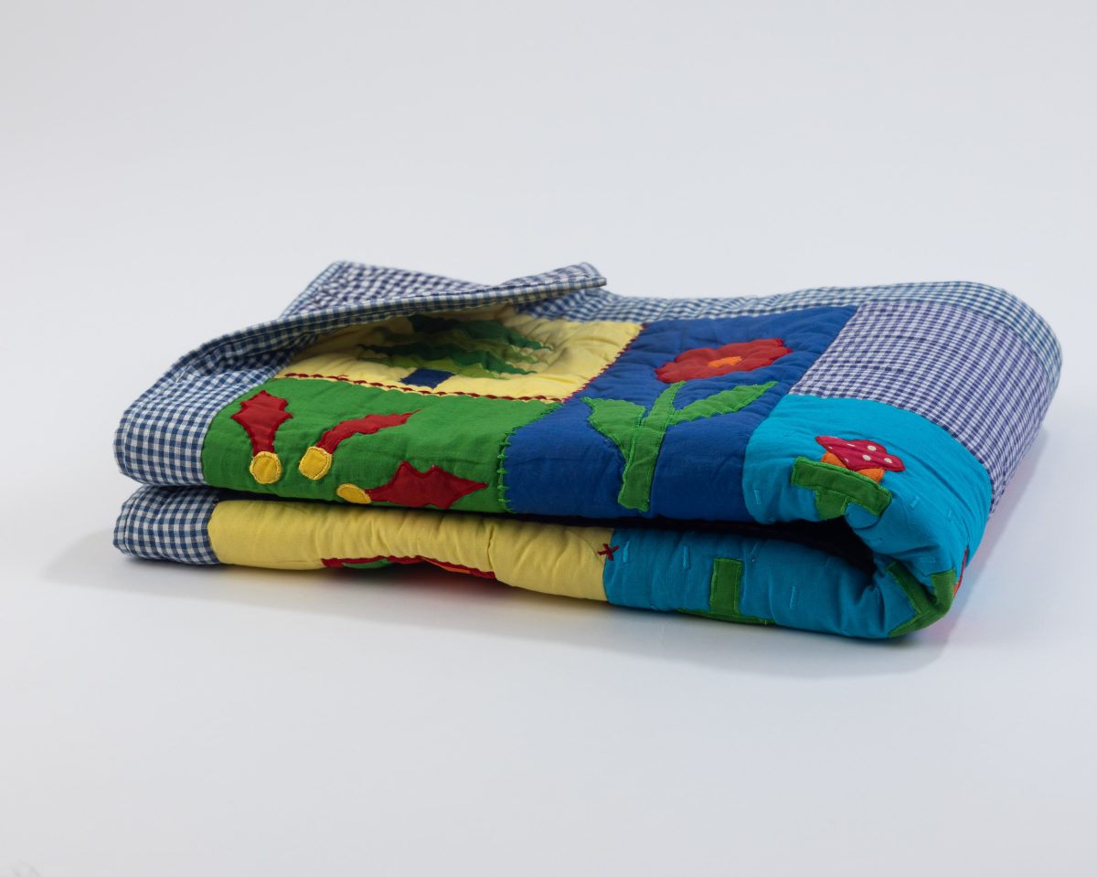 Amity home farmyard baby quilt in multi color patchwork   appliqued farm scenes