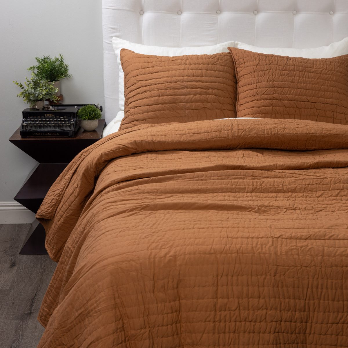 Amity home base camp quilt in ochre   crinkled texture