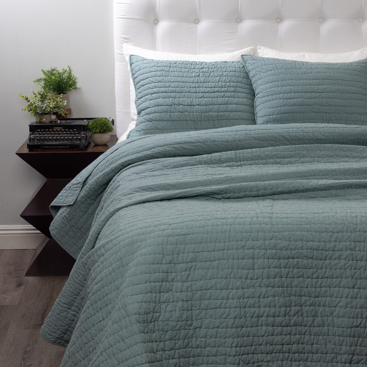 Amity home base camp quilt in mineral   textured quilted design