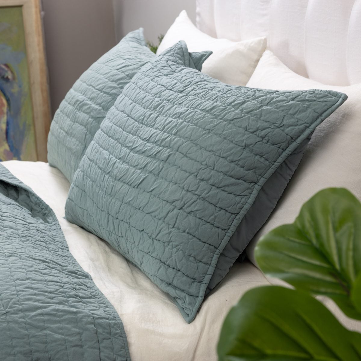 Amity home base camp quilt in mineral   textured channel quilt