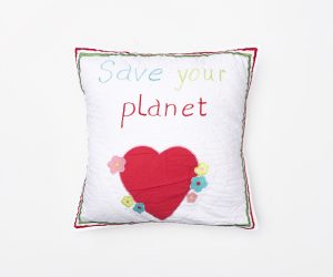 Amity home save our planet pillow in white   embroidered text  heart appliqué