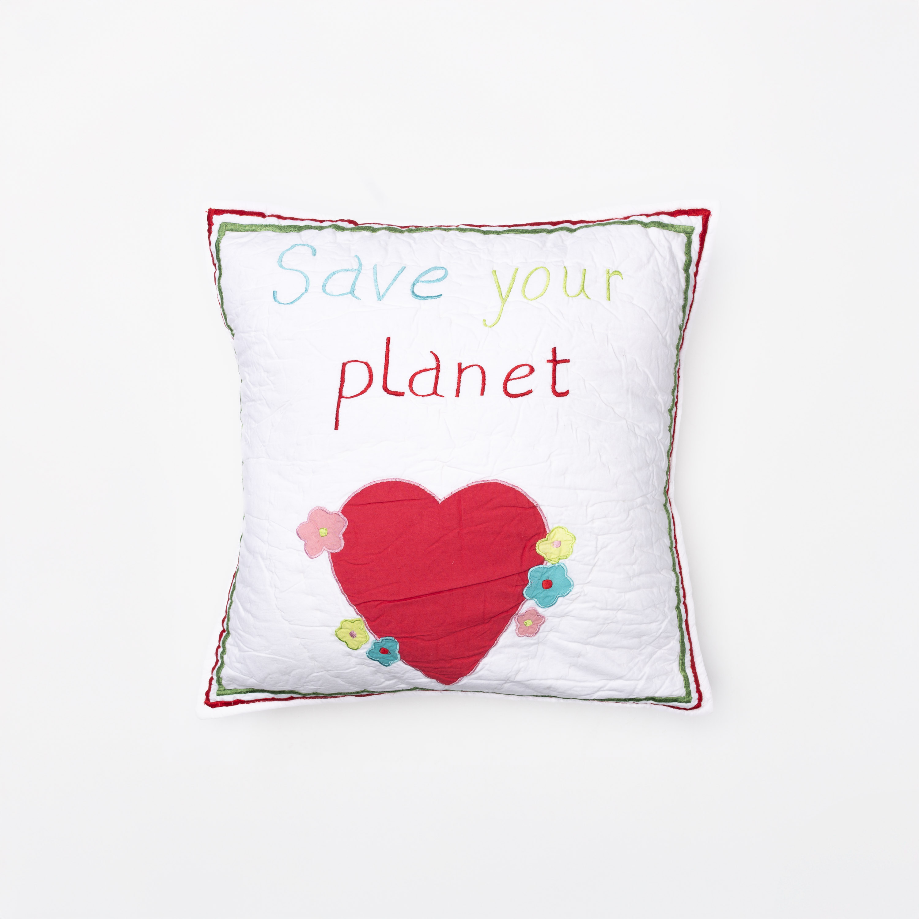Cc592sp1645 | Amity Home Amity home save our planet pillow in white embroidered text heart appliqué