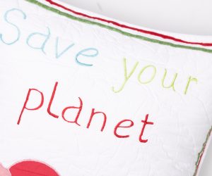 Amity home save our planet pillow in white multi color   save your planet embroidered text