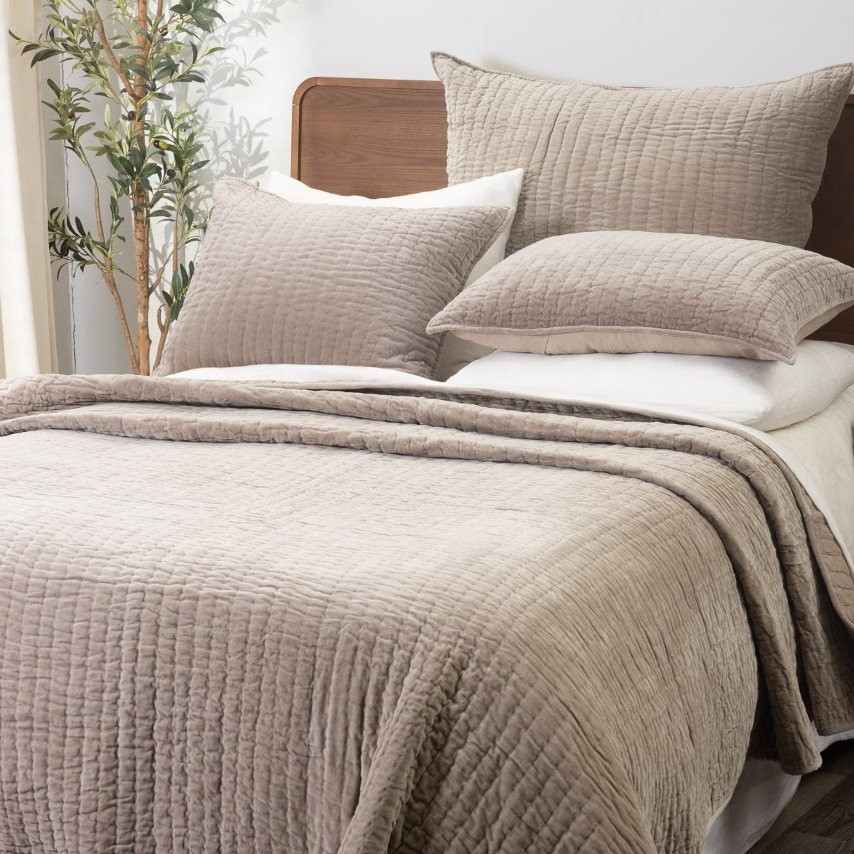 Amity home ethan quilt in mushroom   channel stitched texture