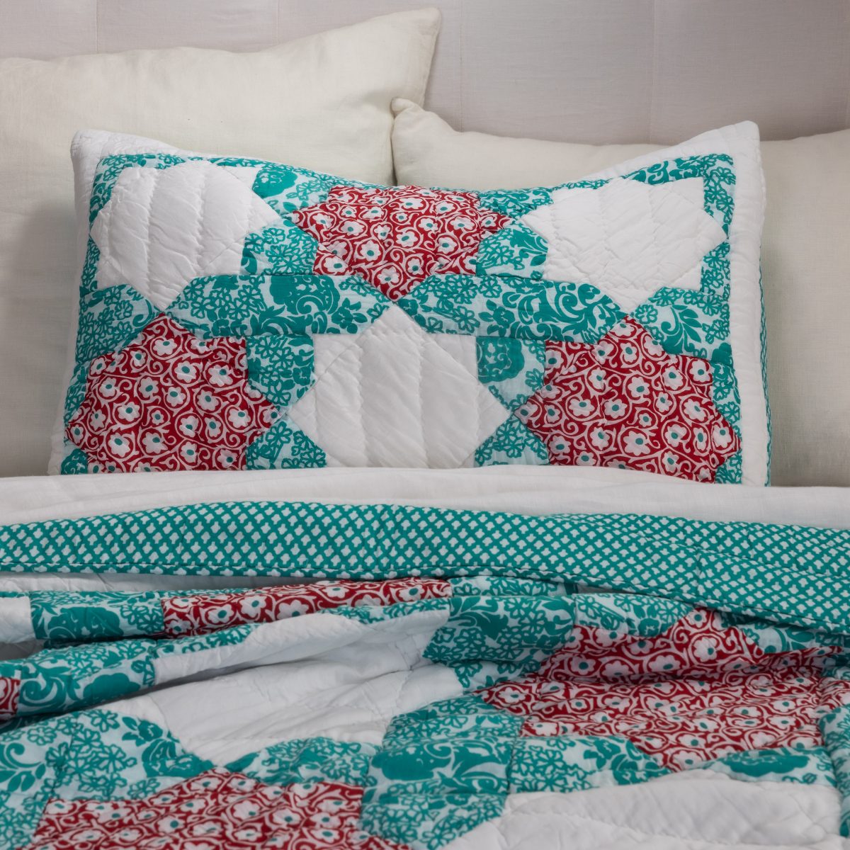 Amity home esha patchwork quilt set in red  teal   floral  damask patterns