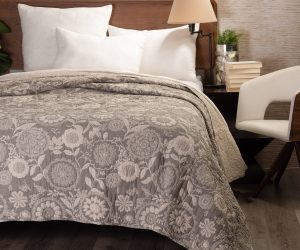 Amity home chiarra quilt in taupe floral   intricate botanical quilting