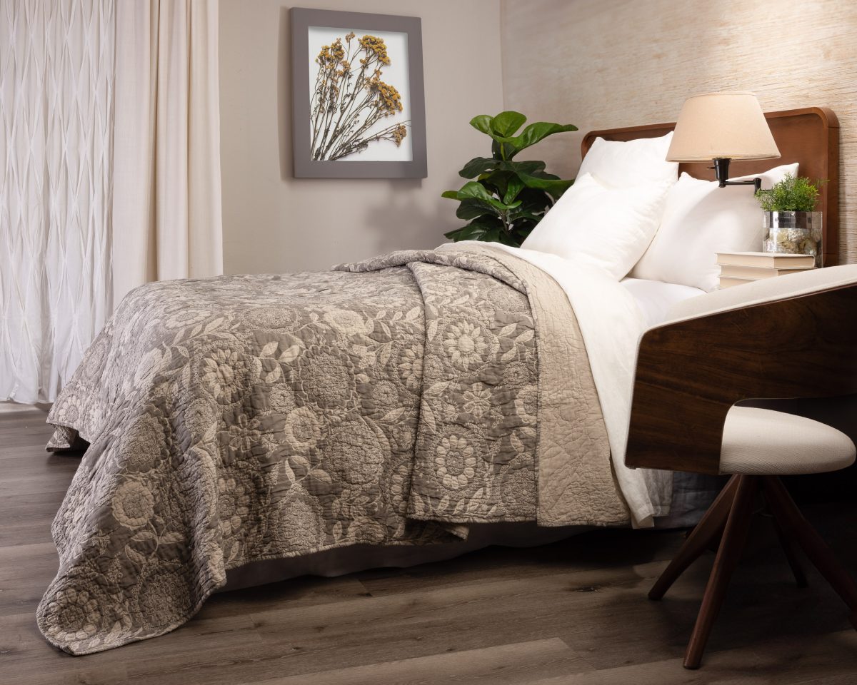 Amity home chiarra quilt in taupe floral   quilted floral pattern