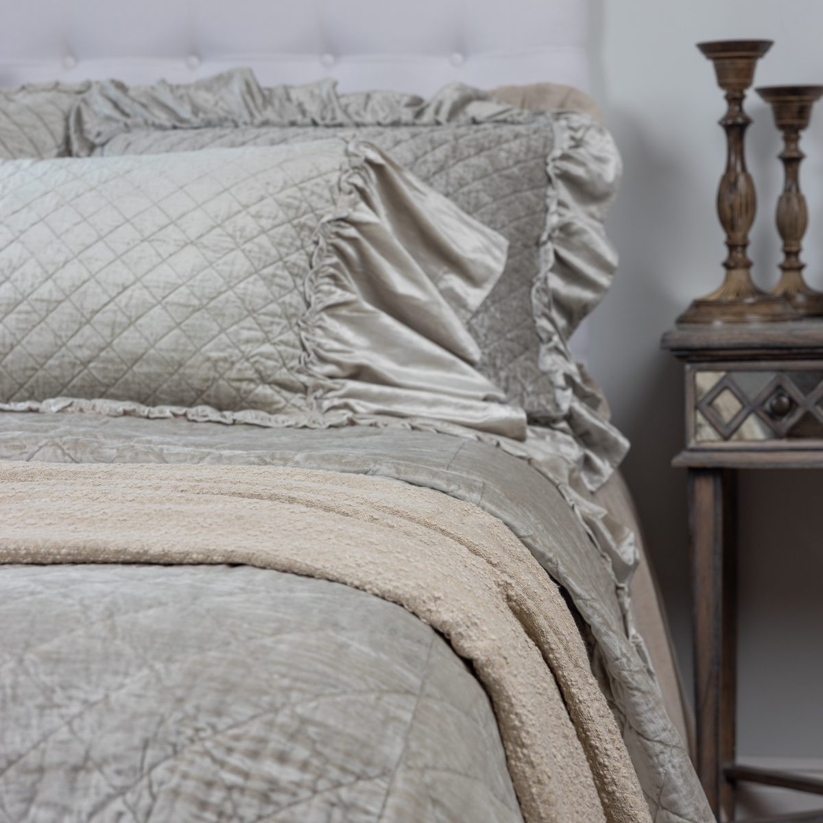 Amity home estrella quilt in oyster   diamond quilted velvet texture