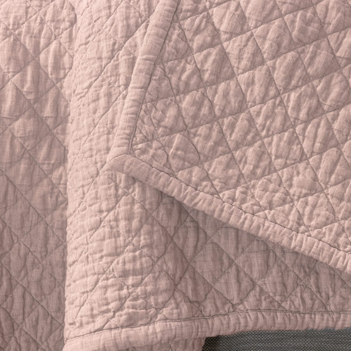 Amity home dale linen quilt in petal pink with diamond quilting and soft crinkled texture