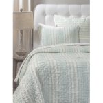 Amity home aiden quilt   seaglass and cream striped quilt with quilted texture on a styled bed with matching shams
