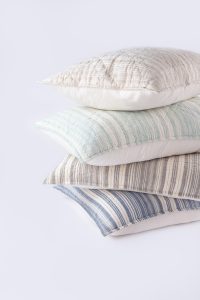 Amity home aiden quilt   stack of four quilted shams in natural light aqua grey and denim blue stripes