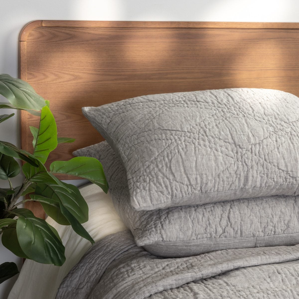 Amity home barcelona linen quilt in grey chambray   crinkled texture