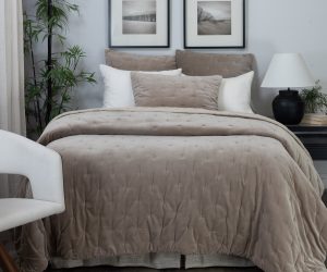Amity home mesa linen  velvet quilt in mushroom   quilted velvet texture