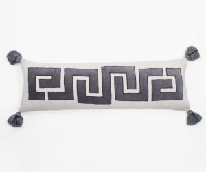 Amity home tate x long bolster in steel blue   greek key pattern with tassels