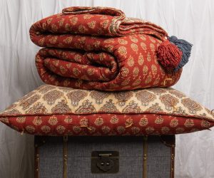Amity home mira quilt in claret   hand block printed pattern