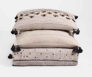 Amity home sitka quilt in natural  black   textured with tassels