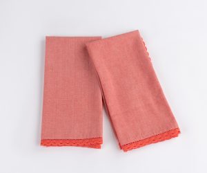 Amity home lace tea towel in raspberry   delicate lace trim