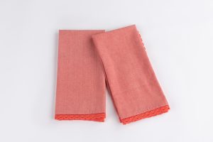 Amity home tea towel lace in raspberry   delicate lace trim