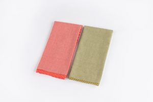 Amity home tea towel lace in olive  coral   delicate lace trim