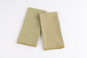 Amity home tea towel lace in olive   scalloped lace trim