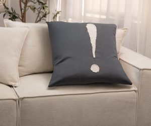 Amity home exclamation pillow in charcoal grey   raw edge exclamation mark