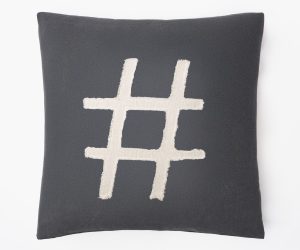 Amity home hash tag pillow in charcoal grey with cream   frayed applique hashtag