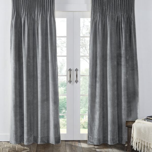 Lia Velvet Pleated Curtain, Steel Blue