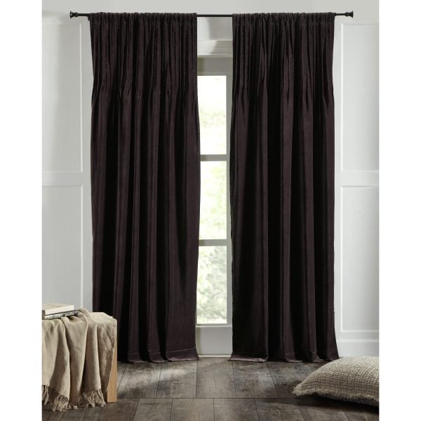 Amity Home Ethan Velvet Curtain in Charcoal - Pleated Top