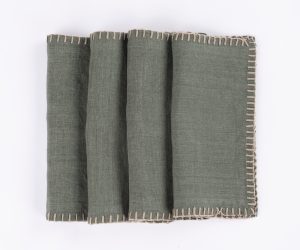 Amity home bryce linen cocktail napkin set in kale   contrasting whipstitch edge