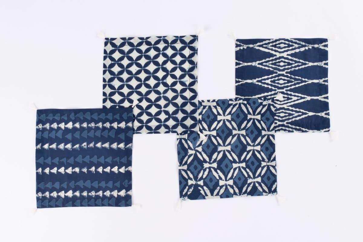 Amity home ira linen cocktail napkin set in indigo blue  white   assorted block prints